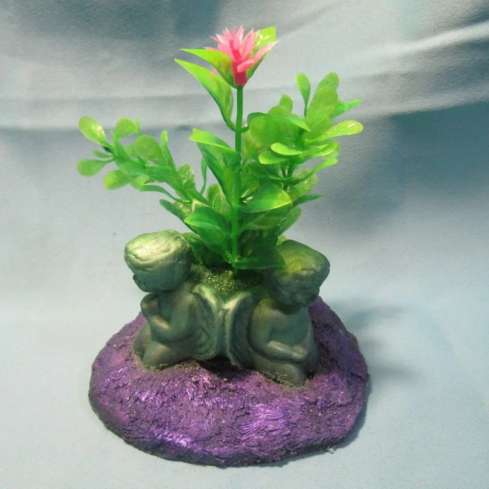 Aquarium Decoration Green Cherub Angels with Flowering Plant
